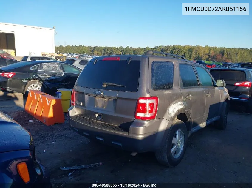 2010 Ford Escape Xlt VIN: 1FMCU0D72AKB51156 Lot: 40506555