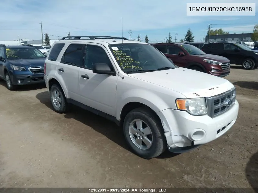 2012 Ford Escape Xlt VIN: 1FMCU0D70CKC56958 Lot: 12102931