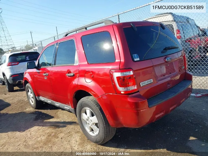 2012 Ford Escape Xlt VIN: 1FMCU0DG7CKB51589 Lot: 40580480