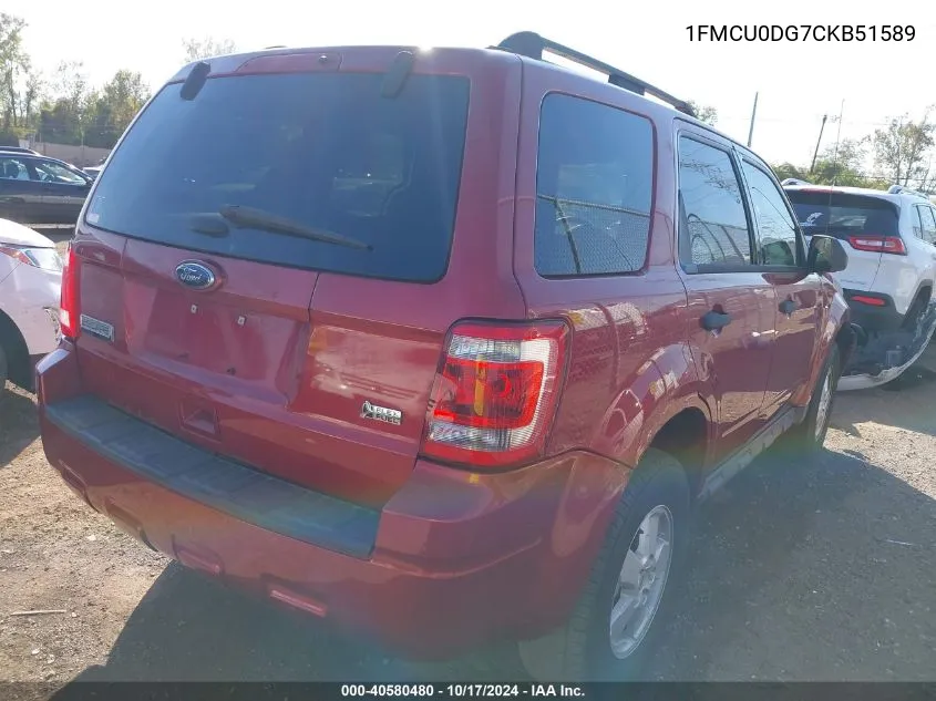 2012 Ford Escape Xlt VIN: 1FMCU0DG7CKB51589 Lot: 40580480