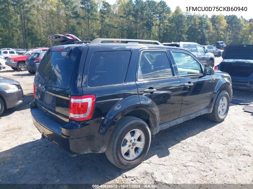 2012 Ford Escape Xlt VIN: 1FMCU0D75CKB60940 Lot: 40626572