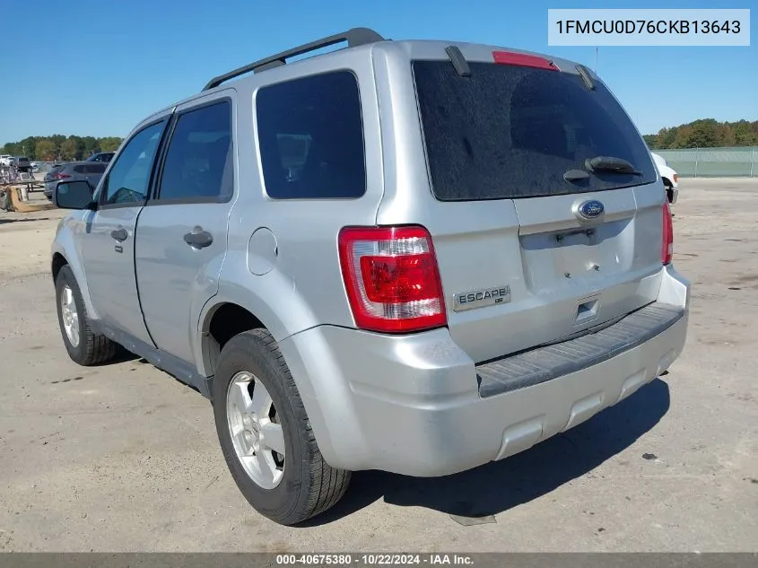 2012 Ford Escape Xlt VIN: 1FMCU0D76CKB13643 Lot: 40675380