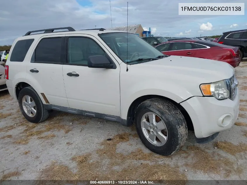 2012 Ford Escape Xlt VIN: 1FMCU0D76CKC01138 Lot: 40686913