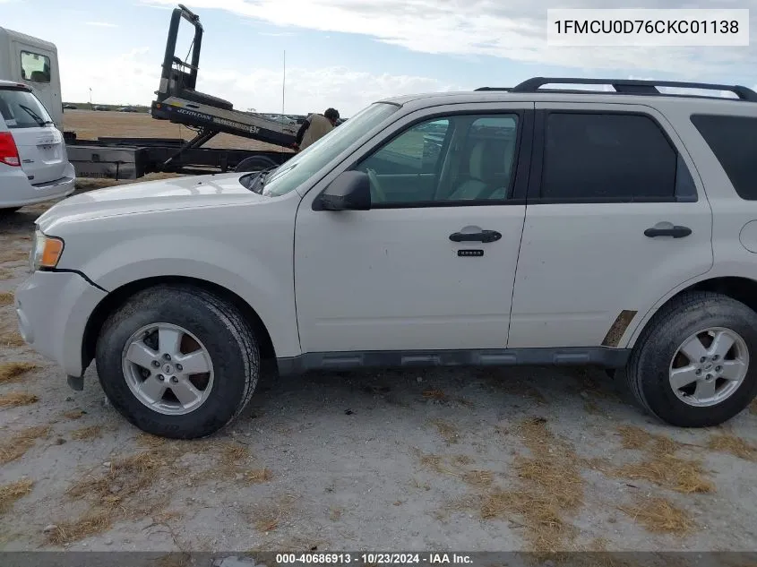 2012 Ford Escape Xlt VIN: 1FMCU0D76CKC01138 Lot: 40686913