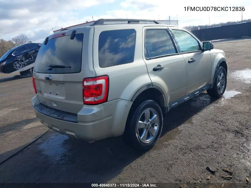 2012 Ford Escape Xlt VIN: 1FMCU0D78CKC12836 Lot: 40845373