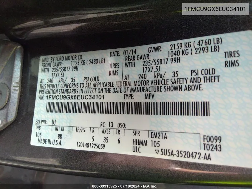 1FMCU9GX6EUC34101 2014 Ford Escape Se