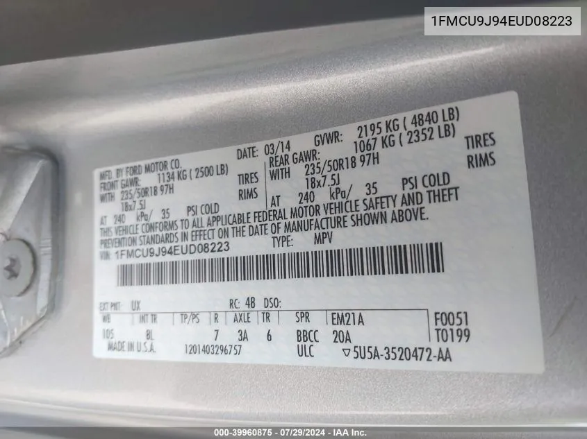 1FMCU9J94EUD08223 2014 Ford Escape Titanium