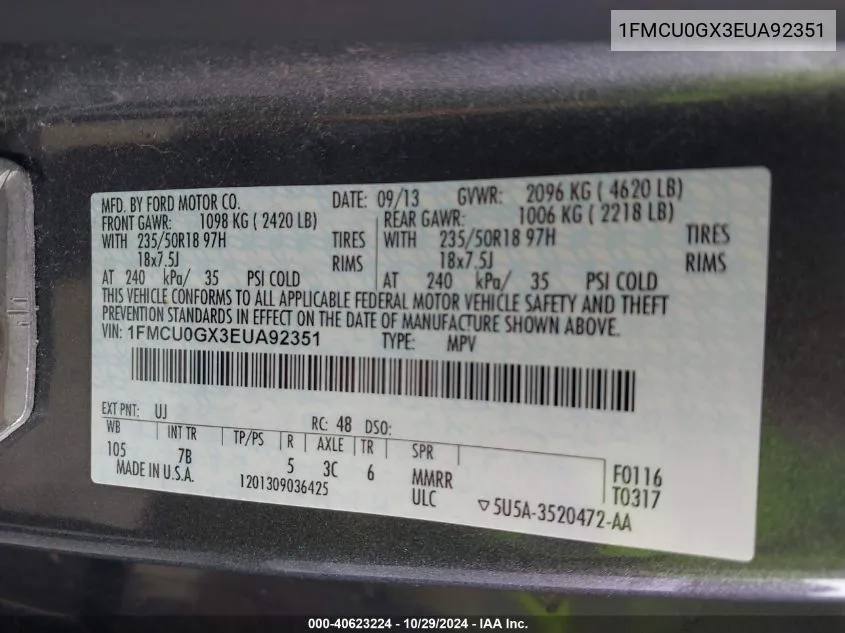 1FMCU0GX3EUA92351 2014 Ford Escape Se