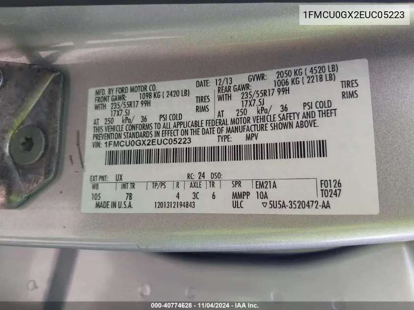 1FMCU0GX2EUC05223 2014 Ford Escape Se