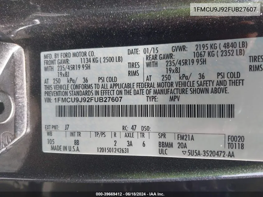 1FMCU9J92FUB27607 2015 Ford Escape Titanium