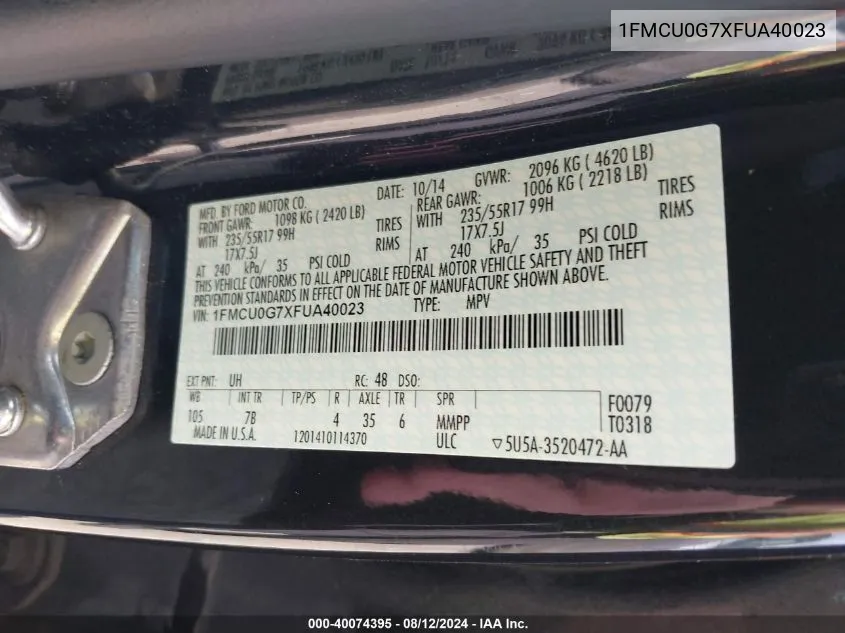 1FMCU0G7XFUA40023 2015 Ford Escape Se