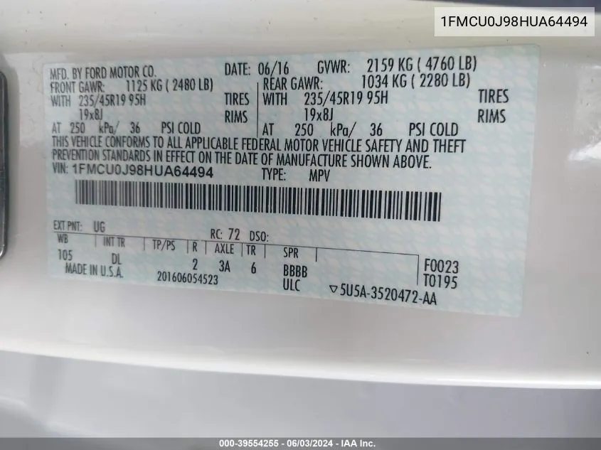 1FMCU0J98HUA64494 2017 Ford Escape Titanium