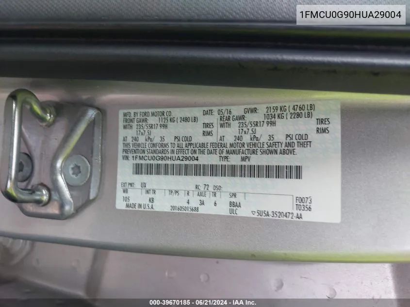 1FMCU0G90HUA29004 2017 Ford Escape Se