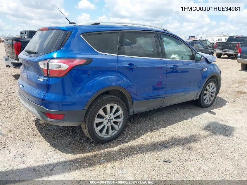 2017 Ford Escape Titanium VIN: 1FMCU0JD1HUE34981 Lot: 40043804