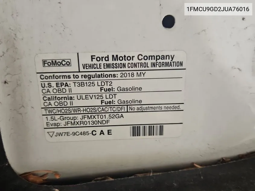 1FMCU9GD2JUA76016 2018 Ford Escape Se