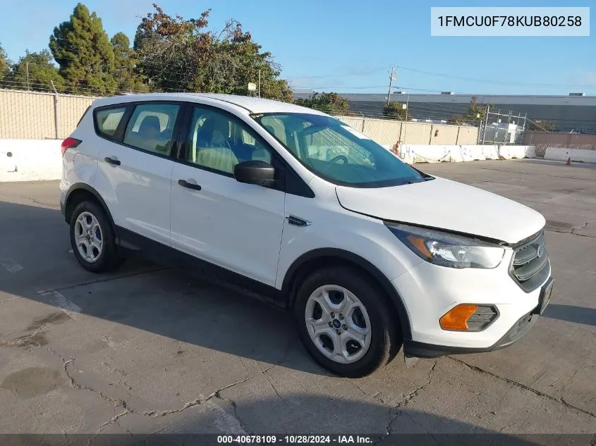 2019 Ford Escape S VIN: 1FMCU0F78KUB80258 Lot: 40678109