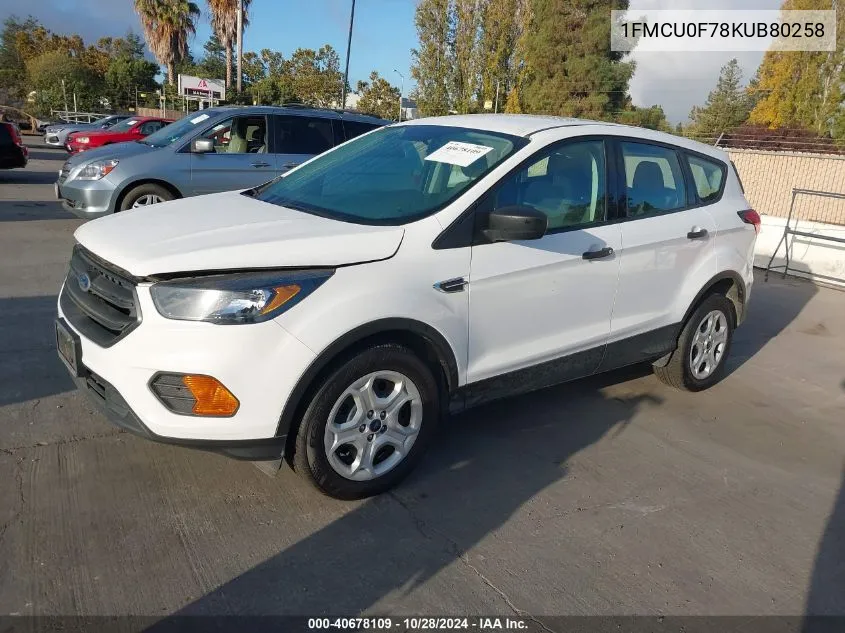 2019 Ford Escape S VIN: 1FMCU0F78KUB80258 Lot: 40678109