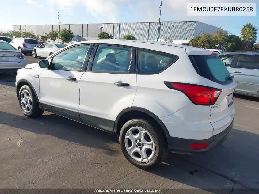 2019 Ford Escape S VIN: 1FMCU0F78KUB80258 Lot: 40678109