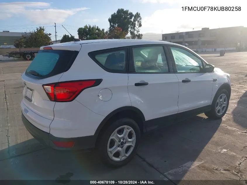 2019 Ford Escape S VIN: 1FMCU0F78KUB80258 Lot: 40678109