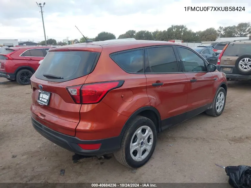 2019 Ford Escape S VIN: 1FMCU0F7XKUB58424 Lot: 40684236