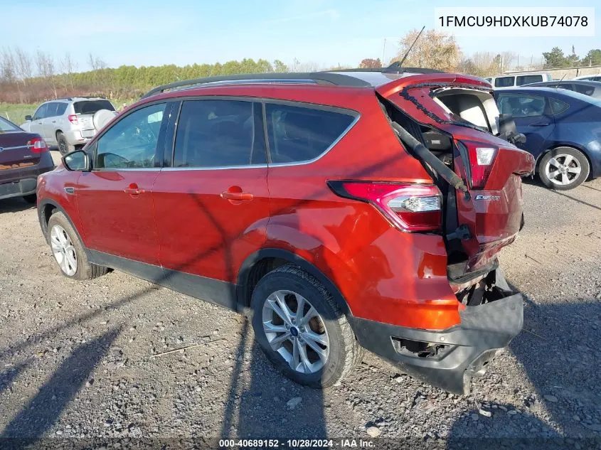 2019 Ford Escape Sel VIN: 1FMCU9HDXKUB74078 Lot: 40689152