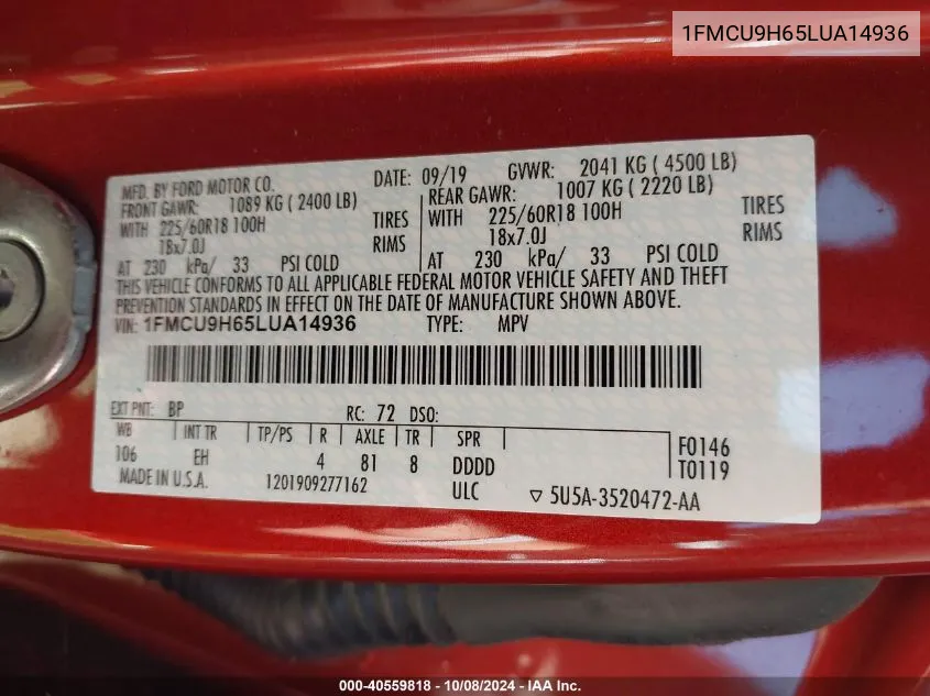 1FMCU9H65LUA14936 2020 Ford Escape Sel