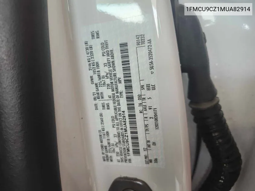 1FMCU9CZ1MUA82914 2021 Ford Escape Sel Hybrid