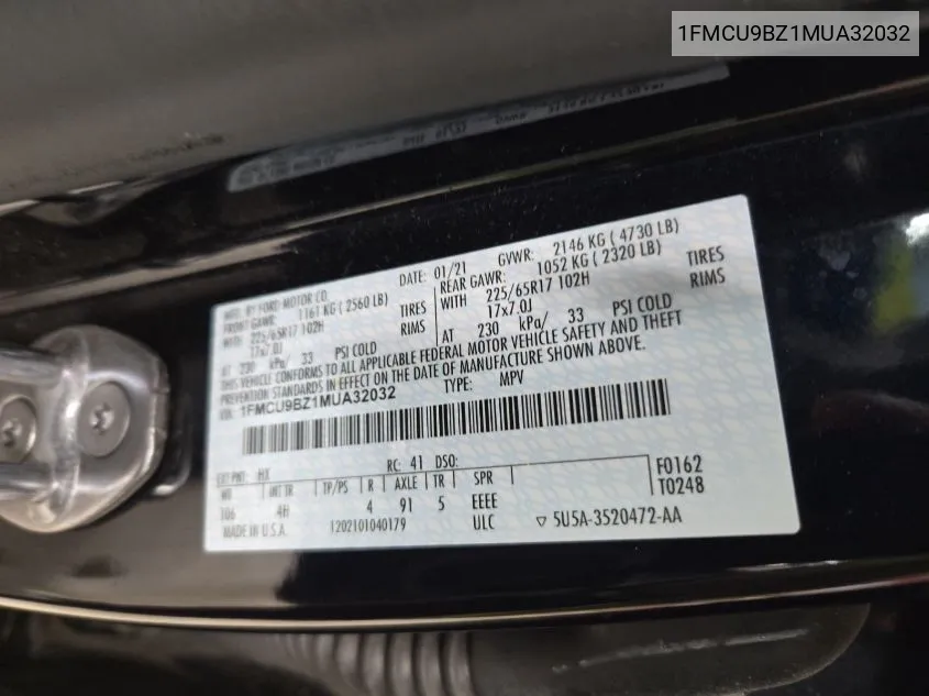 2021 Ford Escape Se Hybrid VIN: 1FMCU9BZ1MUA32032 Lot: 40670142