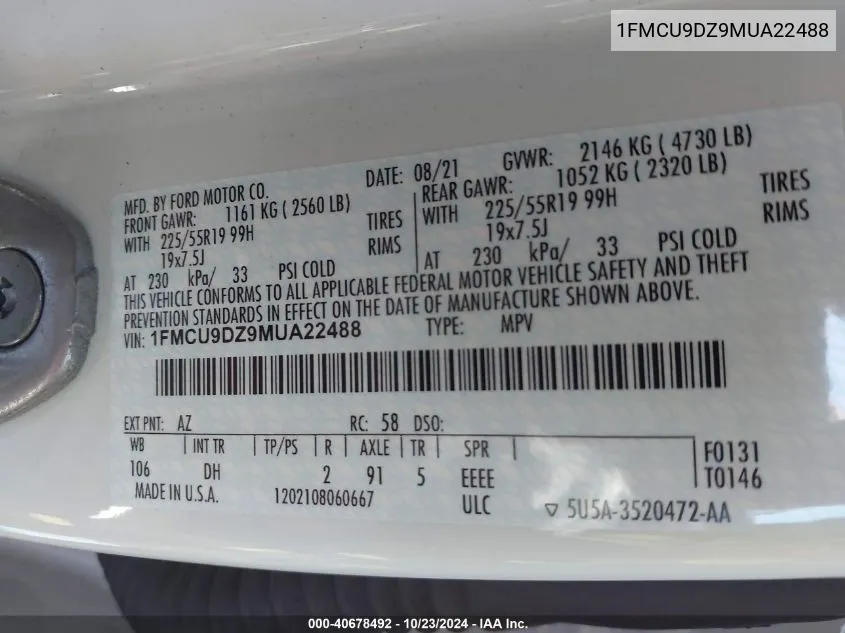 2021 Ford Escape Titanium Hybrid VIN: 1FMCU9DZ9MUA22488 Lot: 40678492