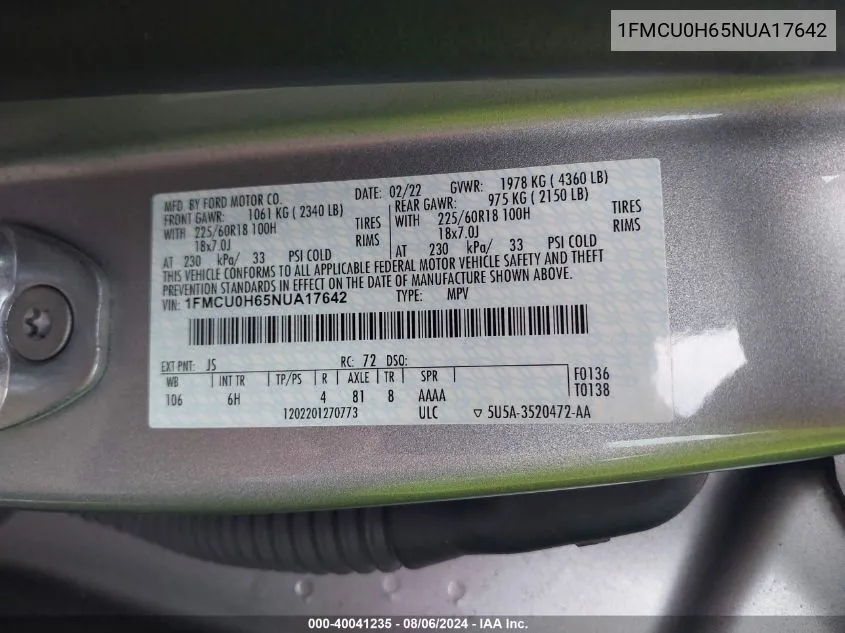 1FMCU0H65NUA17642 2022 Ford Escape Sel