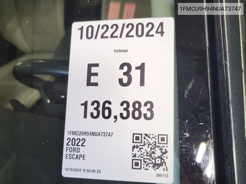 2022 Ford Escape Sel VIN: 1FMCU9H94NUA73747 Lot: 40697082