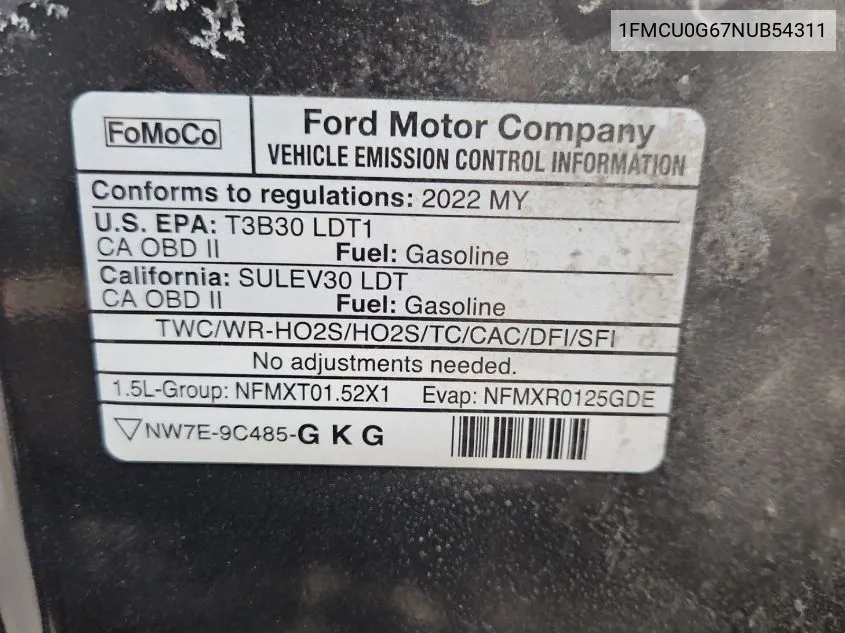 2022 Ford Escape Se VIN: 1FMCU0G67NUB54311 Lot: 40727821