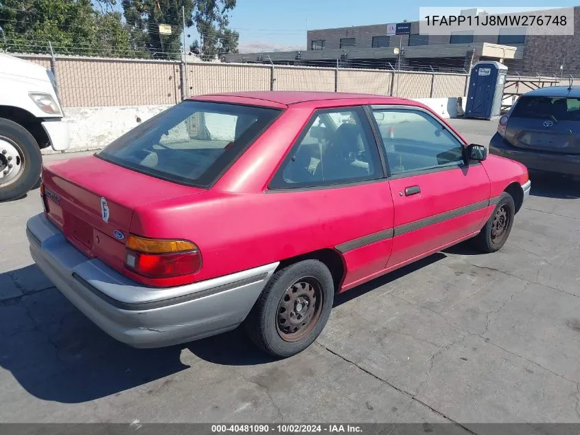 1991 Ford Escort Lx VIN: 1FAPP11J8MW276748 Lot: 40481090