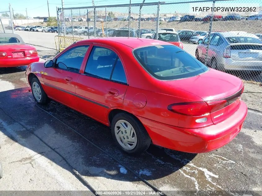 1998 Ford Escort Lx VIN: 1FAFP10P3WW322362 Lot: 40609926