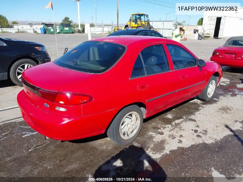 1998 Ford Escort Lx VIN: 1FAFP10P3WW322362 Lot: 40609926