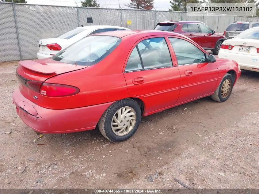 1999 Ford Escort Se VIN: 1FAFP13P3XW138102 Lot: 40744565