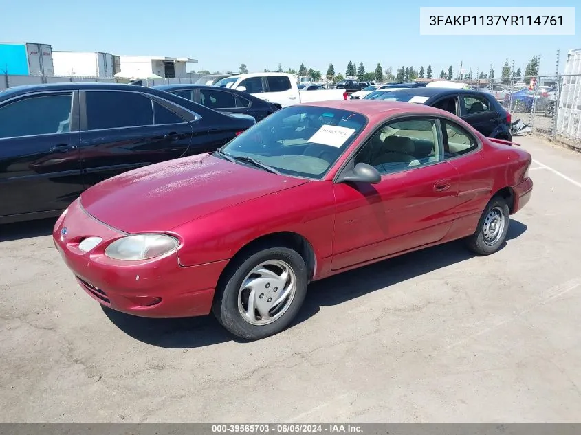 2000 Ford Escort Zx2 VIN: 3FAKP1137YR114761 Lot: 39565703