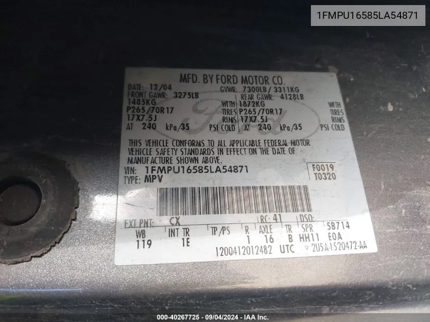 1FMPU16585LA54871 2005 Ford Expedition Nbx/Xlt