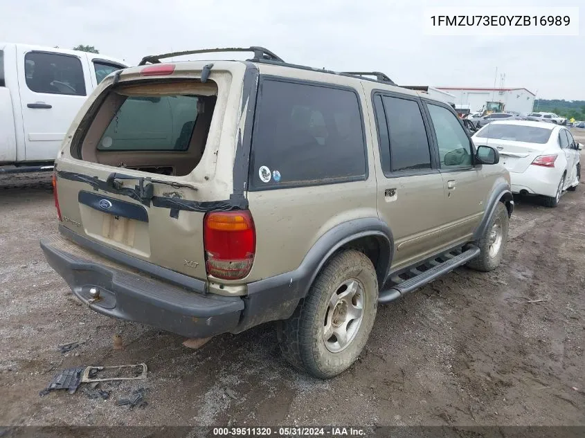 2000 Ford Explorer Xlt VIN: 1FMZU73E0YZB16989 Lot: 39511320