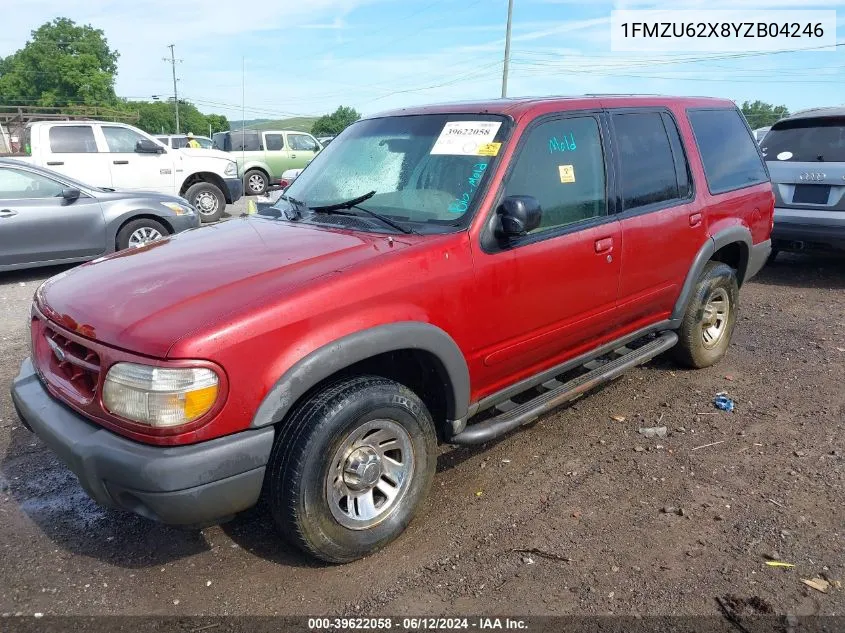 2000 Ford Explorer Xls VIN: 1FMZU62X8YZB04246 Lot: 39622058