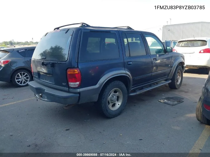 2000 Ford Explorer Xlt VIN: 1FMZU83P8YZB03785 Lot: 39869088