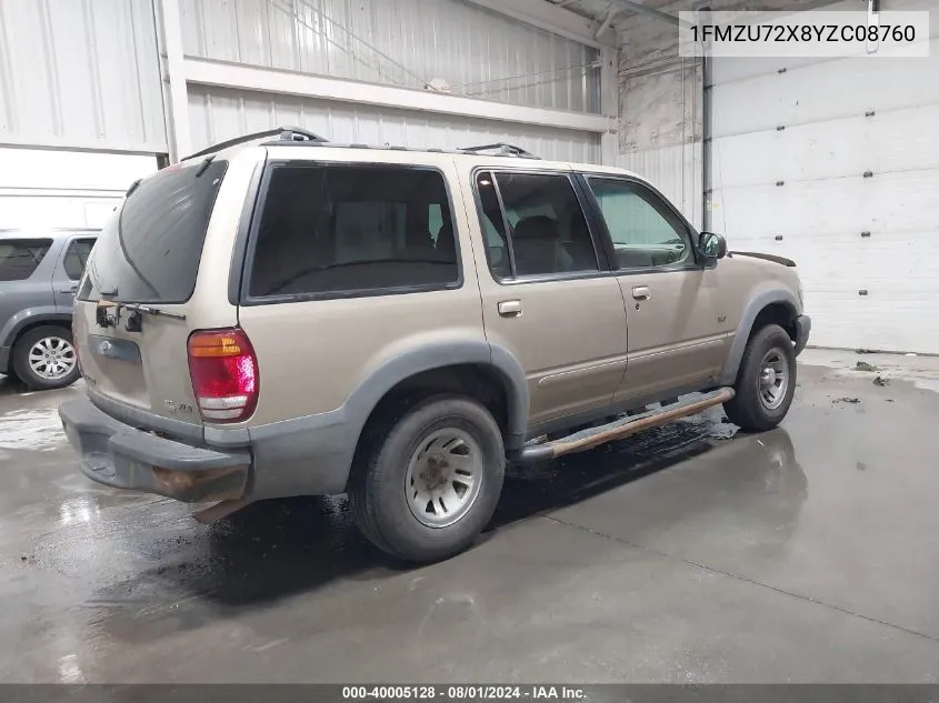 2000 Ford Explorer Xls VIN: 1FMZU72X8YZC08760 Lot: 40005128