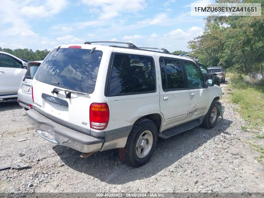 2000 Ford Explorer Xlt VIN: 1FMZU63E1YZA41651 Lot: 40280422