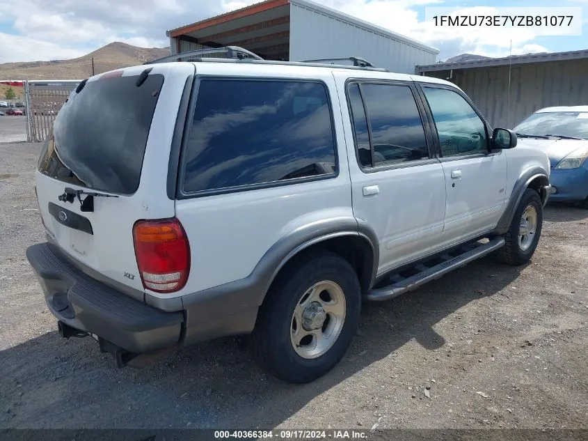 2000 Ford Explorer Xlt VIN: 1FMZU73E7YZB81077 Lot: 40366384