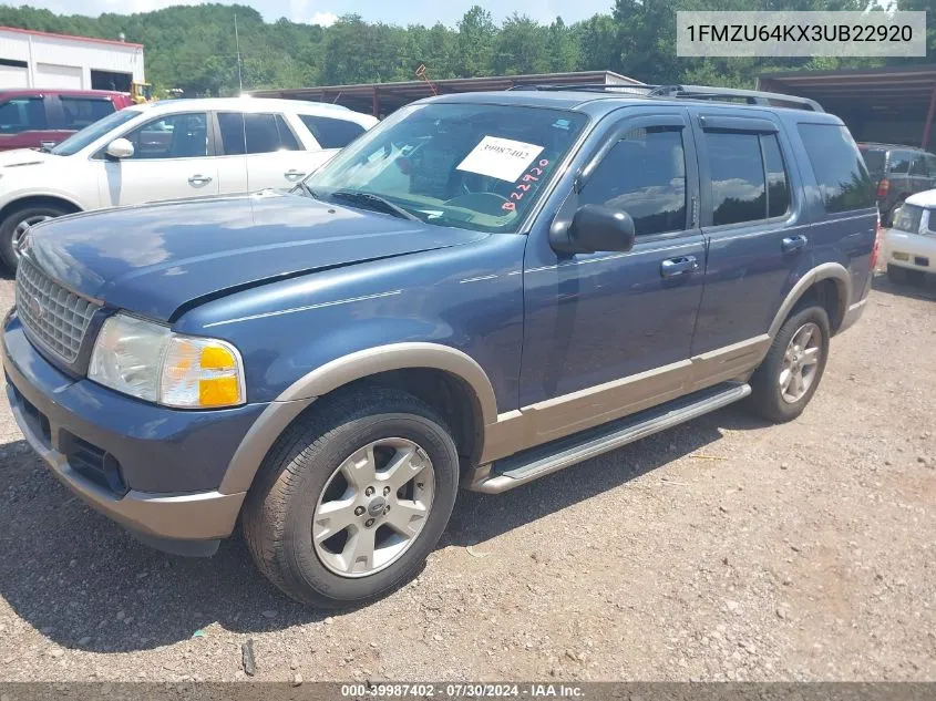 2003 Ford Explorer Eddie Bauer VIN: 1FMZU64KX3UB22920 Lot: 39987402