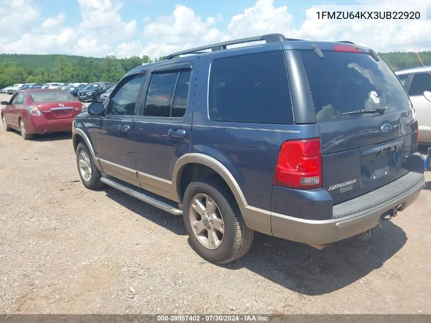 2003 Ford Explorer Eddie Bauer VIN: 1FMZU64KX3UB22920 Lot: 39987402