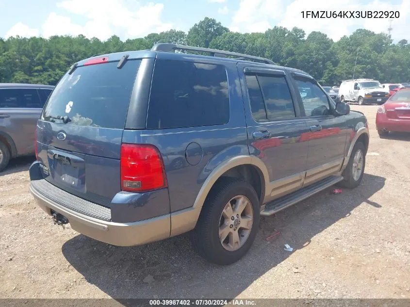 2003 Ford Explorer Eddie Bauer VIN: 1FMZU64KX3UB22920 Lot: 39987402