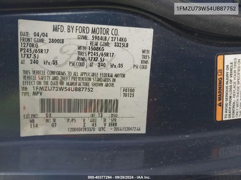 1FMZU73W54UB87752 2004 Ford Explorer Nbx/Xlt