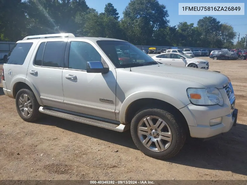 2006 Ford Explorer Limited VIN: 1FMEU75816ZA26849 Lot: 40345392