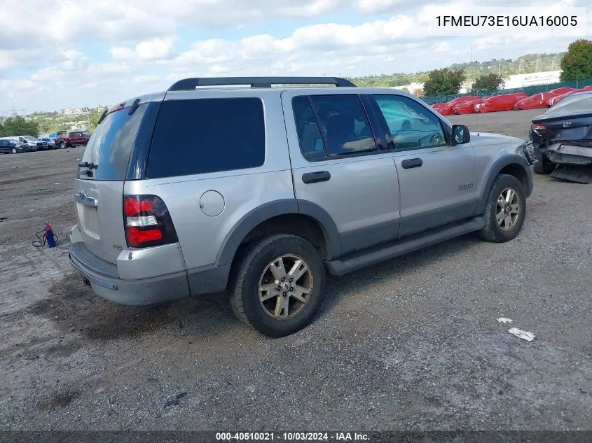 2006 Ford Explorer Xlt VIN: 1FMEU73E16UA16005 Lot: 40510021